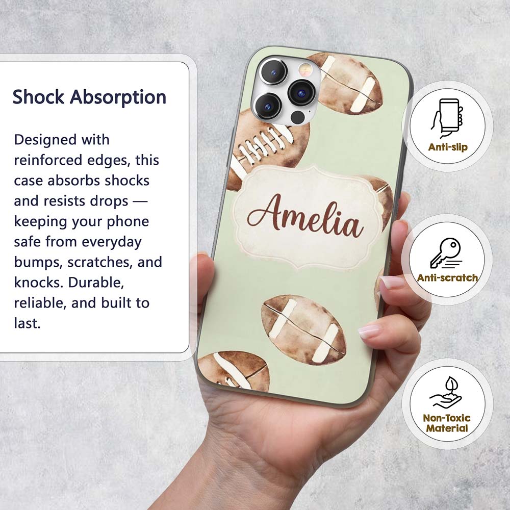 Watercolor American Football Balls on Soft Green Custom Name Protective Phone Case Mobile Cover Durable Everyday Smartphone Shock Resistant