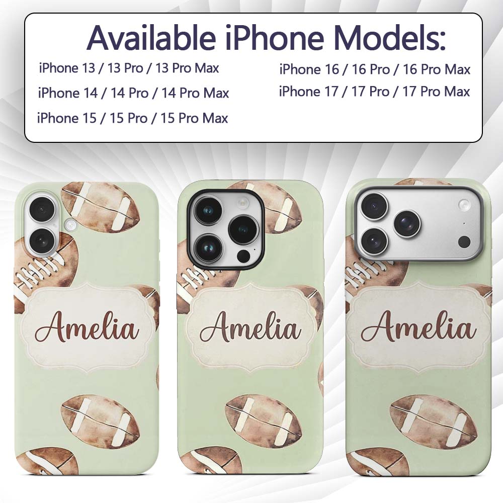 Watercolor American Football Balls on Soft Green Custom Name Protective Phone Case Mobile Cover Durable Everyday Smartphone Shock Resistant