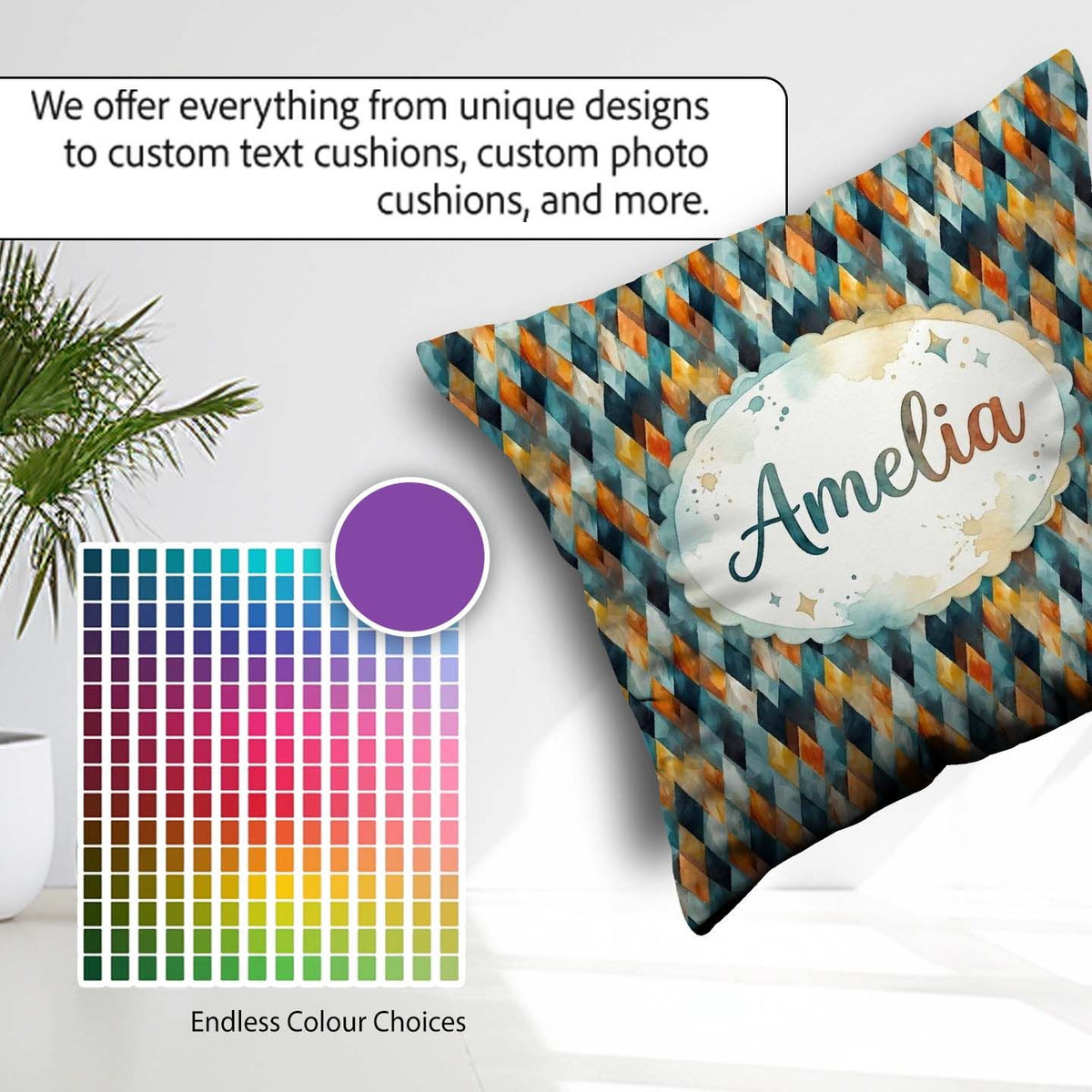 Custom Name Abstract Diamond Mosaic Seamless in Teal Orange Blue Square Filled Cushion Throw Pillow Sofa Bed Home Decor Zip Washable UK Made