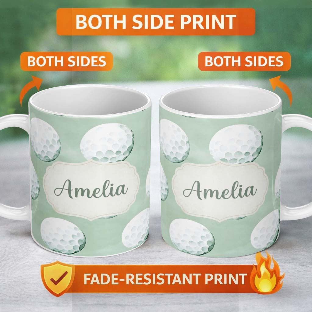 Personalized Custom Name Watercolor Golf Balls on Soft Green Background Seamless Pattern 11oz Ceramic Coffee Tea Mug White Large Handle