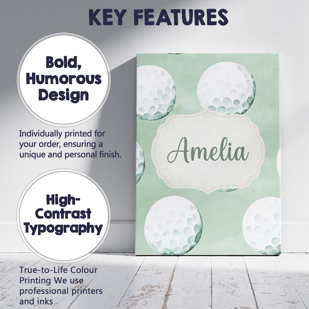 Personalised Name Watercolor Golf Balls on Custom Unique Gift Idea Elegant Feature Canvas Wall Art Print Decor Picture Ready to Hang