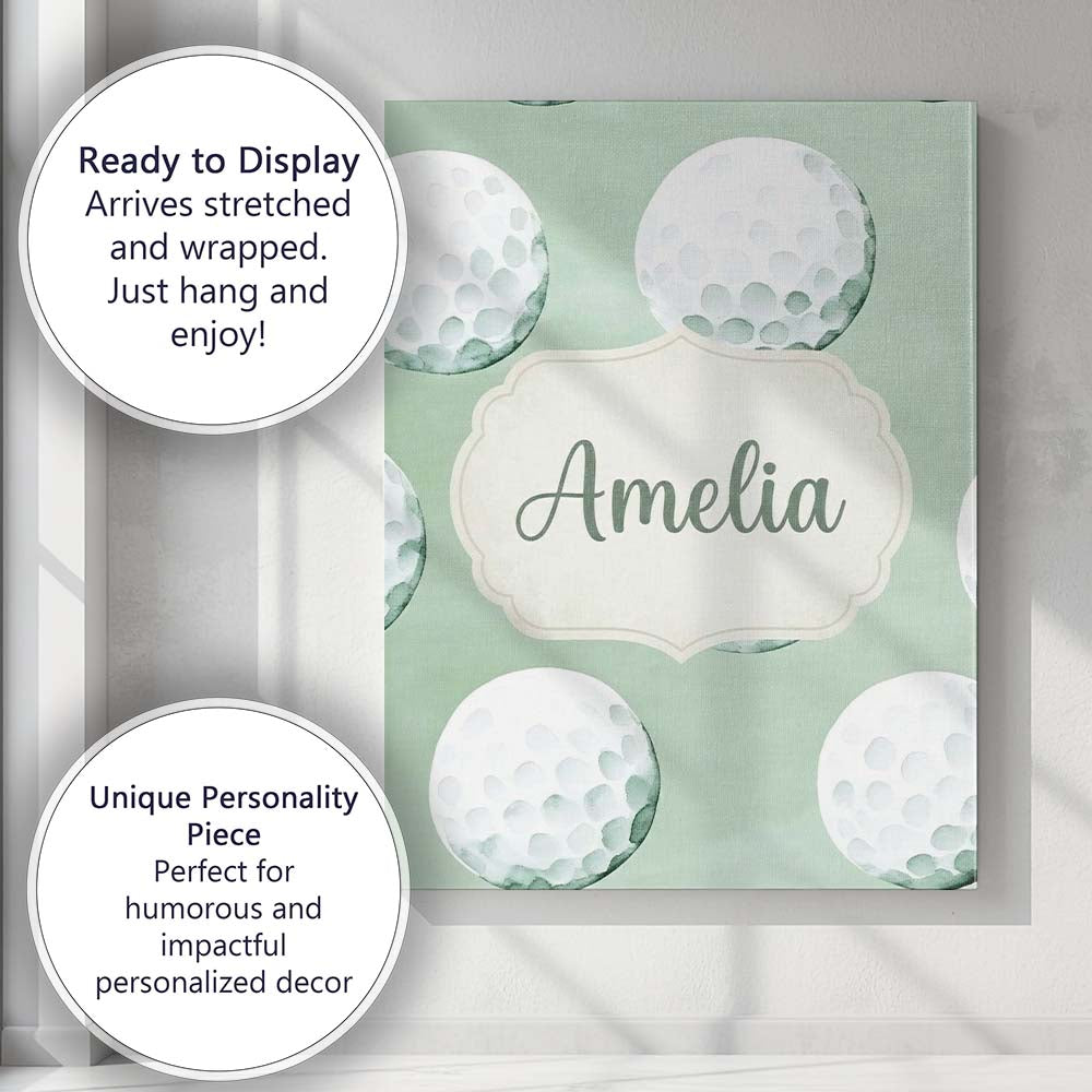 Personalised Name Watercolor Golf Balls on Custom Unique Gift Idea Elegant Feature Canvas Wall Art Print Decor Picture Ready to Hang