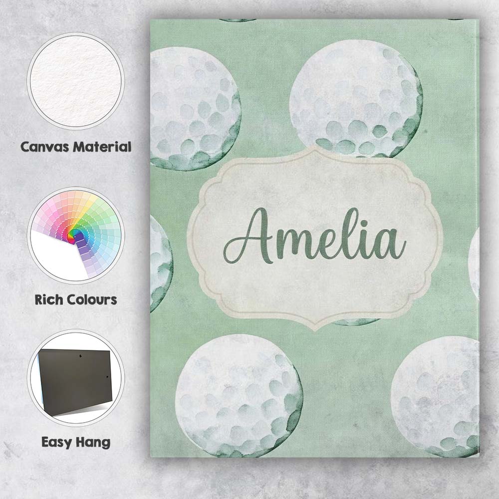 Personalised Name Watercolor Golf Balls on Custom Unique Gift Idea Elegant Feature Canvas Wall Art Print Decor Picture Ready to Hang