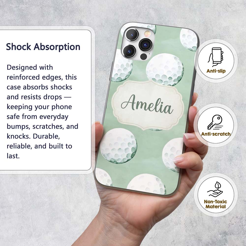 Watercolor Golf Balls on Soft Green Background Custom Name Protective Phone Case Mobile Cover Durable Everyday Smartphone Shock Resistant