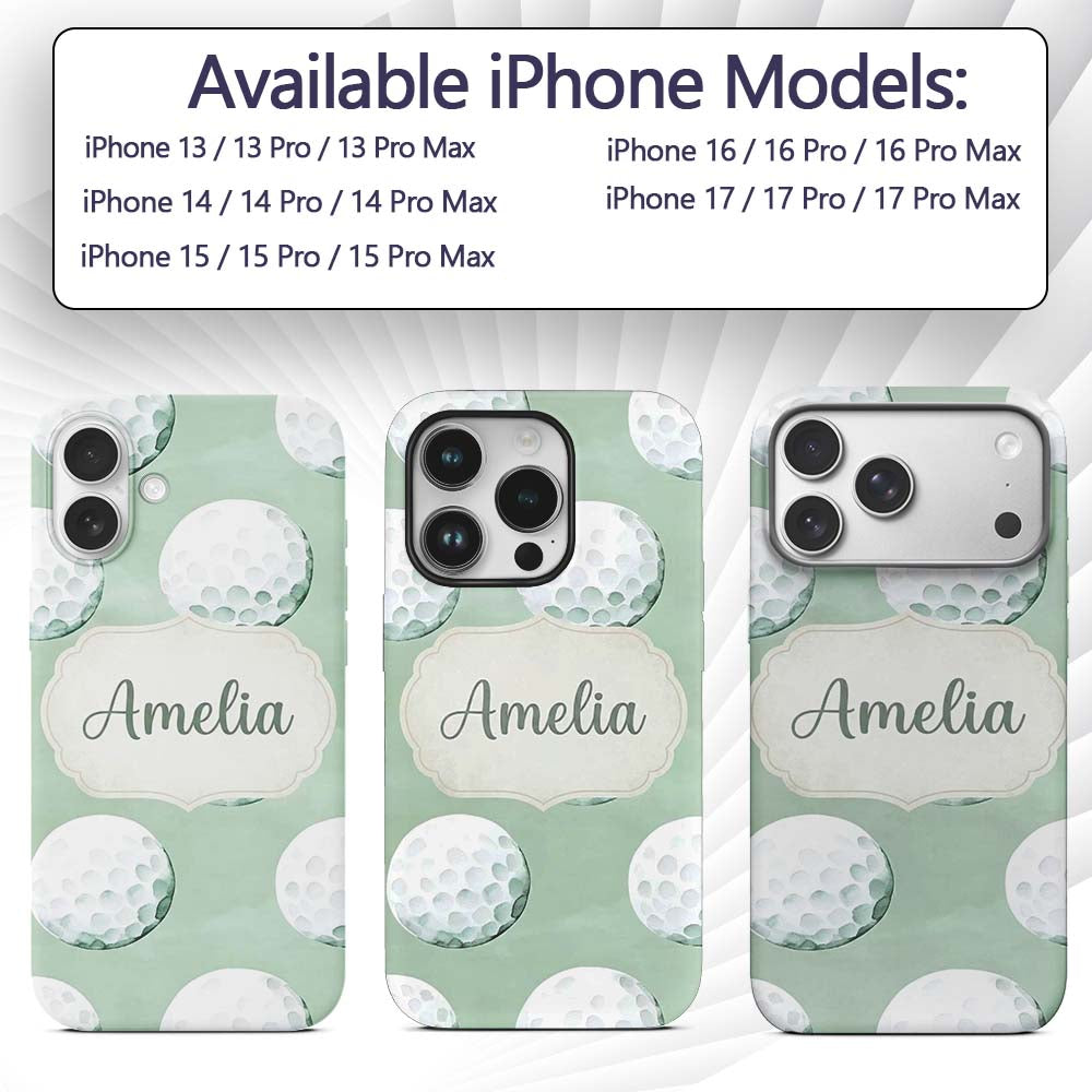 Watercolor Golf Balls on Soft Green Background Custom Name Protective Phone Case Mobile Cover Durable Everyday Smartphone Shock Resistant