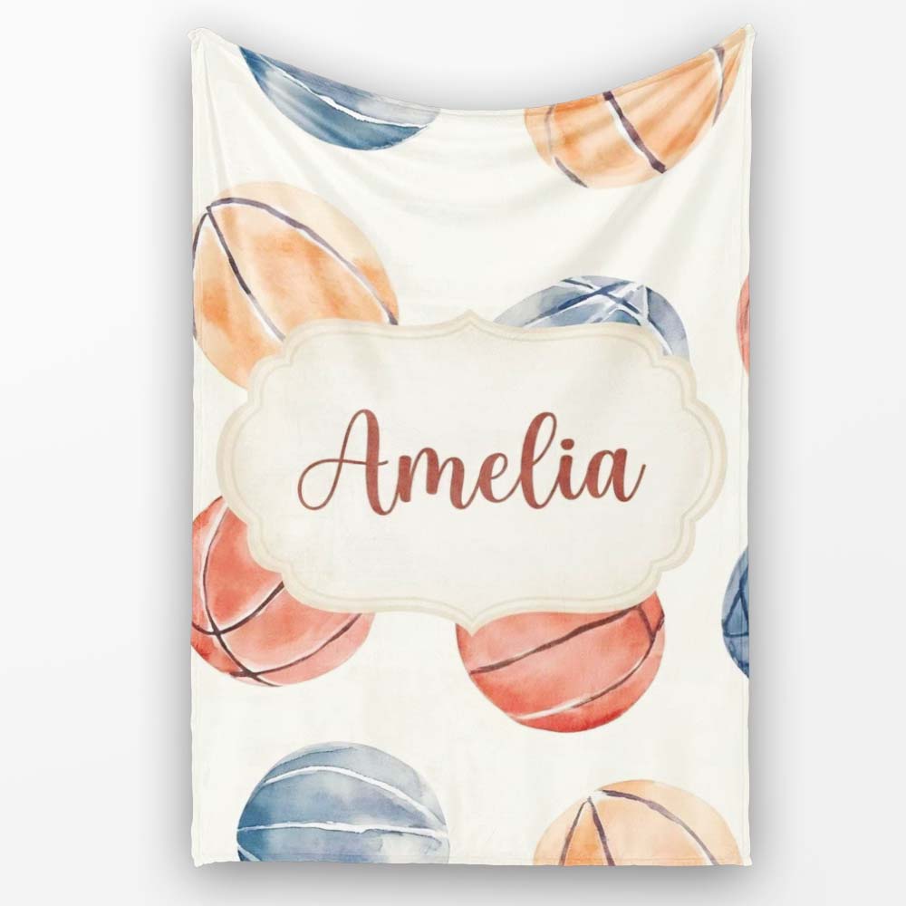 Watercolor Basketball Balls on Neutral Background Seamless Pattern Personalised Custom Name Super Soft Fleece Blanket Bed Sofa Throw