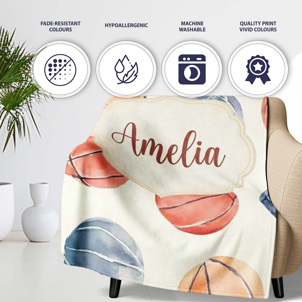 Watercolor Basketball Balls on Neutral Background Seamless Pattern Personalised Custom Name Super Soft Fleece Blanket Bed Sofa Throw