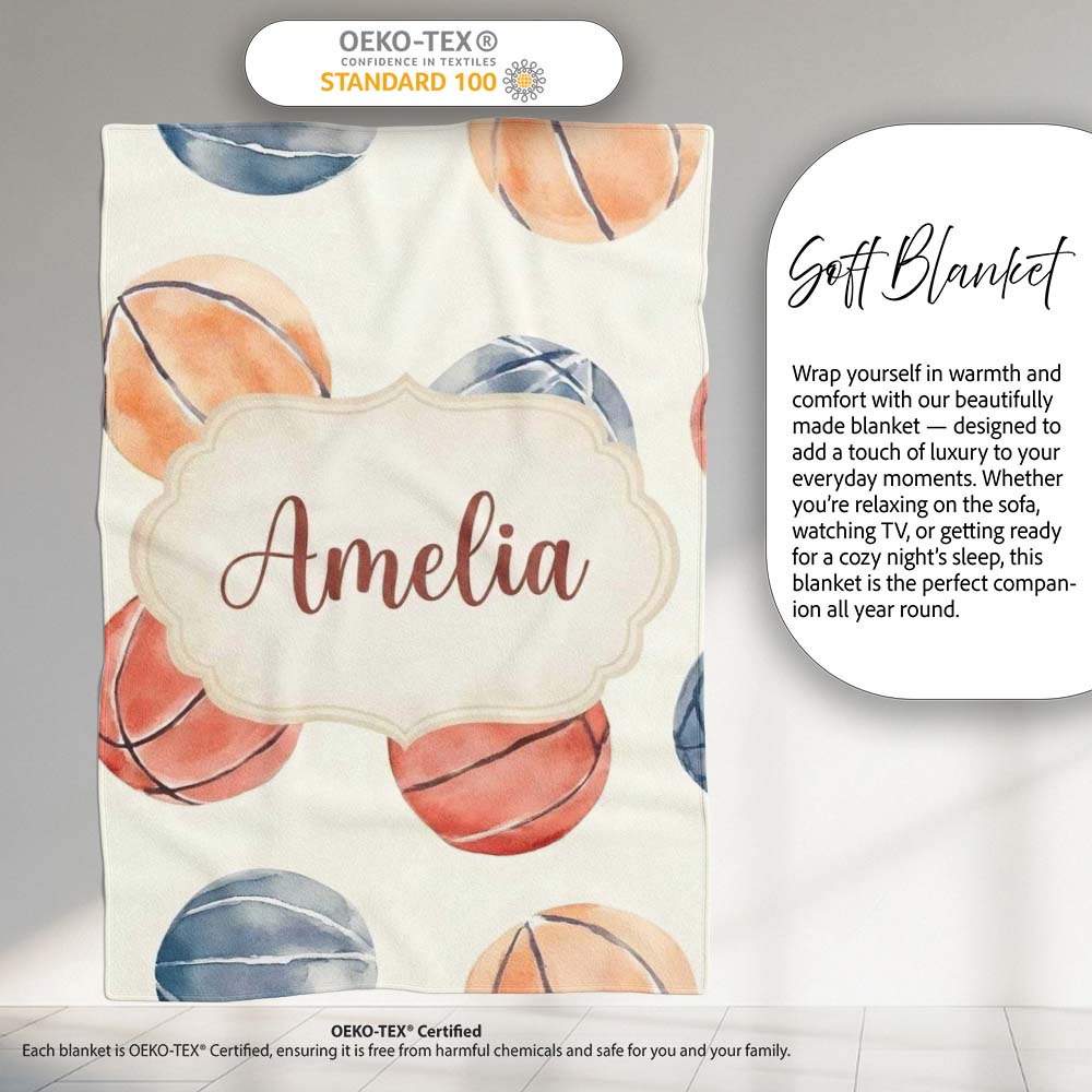 Watercolor Basketball Balls on Neutral Background Seamless Pattern Personalised Custom Name Super Soft Fleece Blanket Bed Sofa Throw