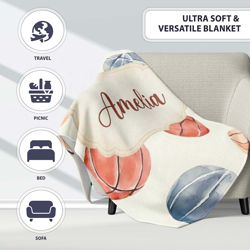 Watercolor Basketball Balls on Neutral Background Seamless Pattern Personalised Custom Name Super Soft Fleece Blanket Bed Sofa Throw