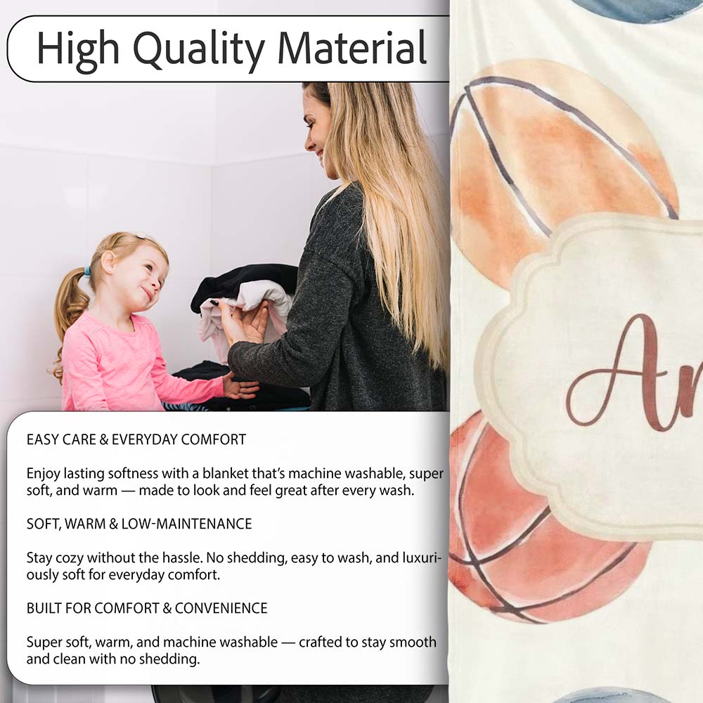 Watercolor Basketball Balls on Neutral Background Seamless Pattern Personalised Custom Name Super Soft Fleece Blanket Bed Sofa Throw