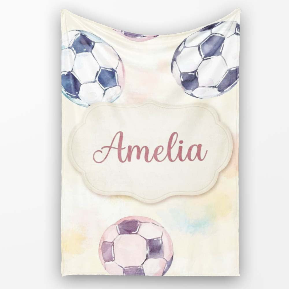 Watercolor Soccer Balls on Soft Pastel Background Seamless Pattern Personalised Custom Name Super Soft Fleece Blanket Bed Sofa Throw