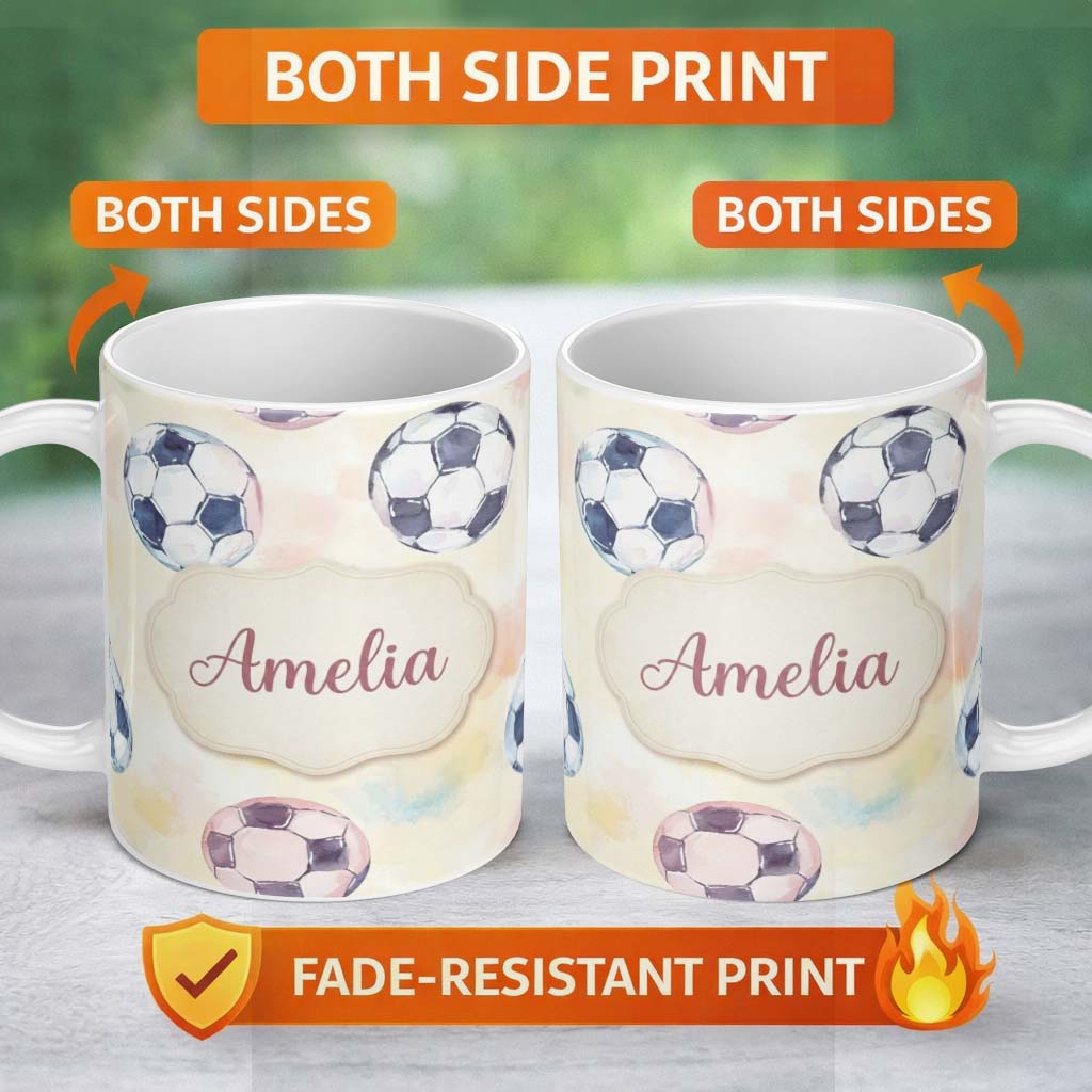 Personalized Custom Name Watercolor Soccer Balls on Soft Pastel Background Seamless Pattern 11oz Ceramic Coffee Tea Mug White Large Handle