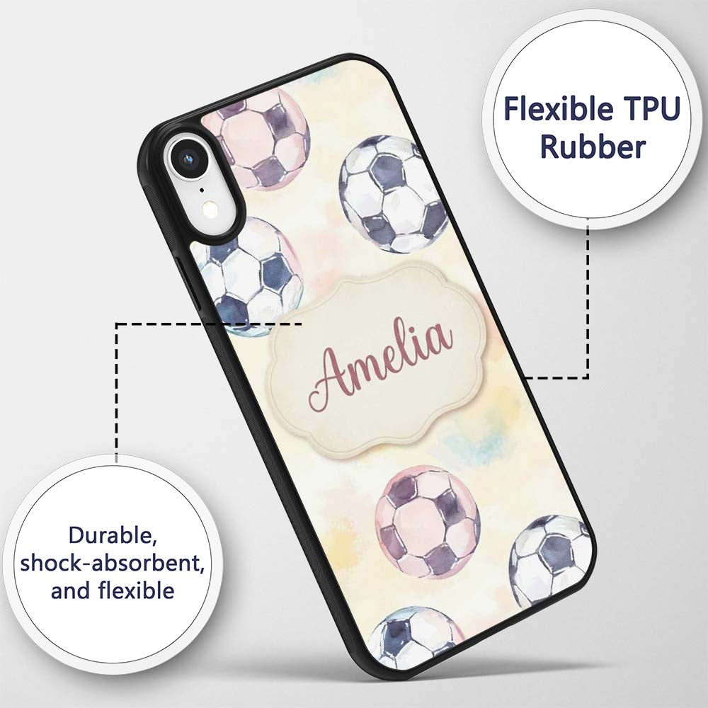 Watercolor Soccer Balls on Soft Pastel Background Custom Name Protective Phone Case Mobile Cover Durable Everyday Smartphone Shock Resistant