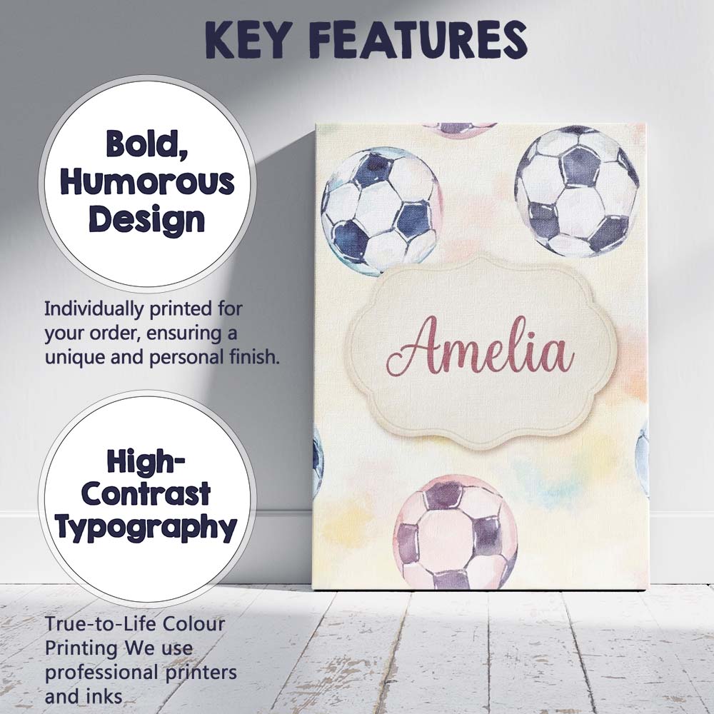 Personalised Name Watercolor Soccer Balls Custom Unique Gift Idea Elegant Feature Canvas Wall Art Print Decor Picture Ready to Hang