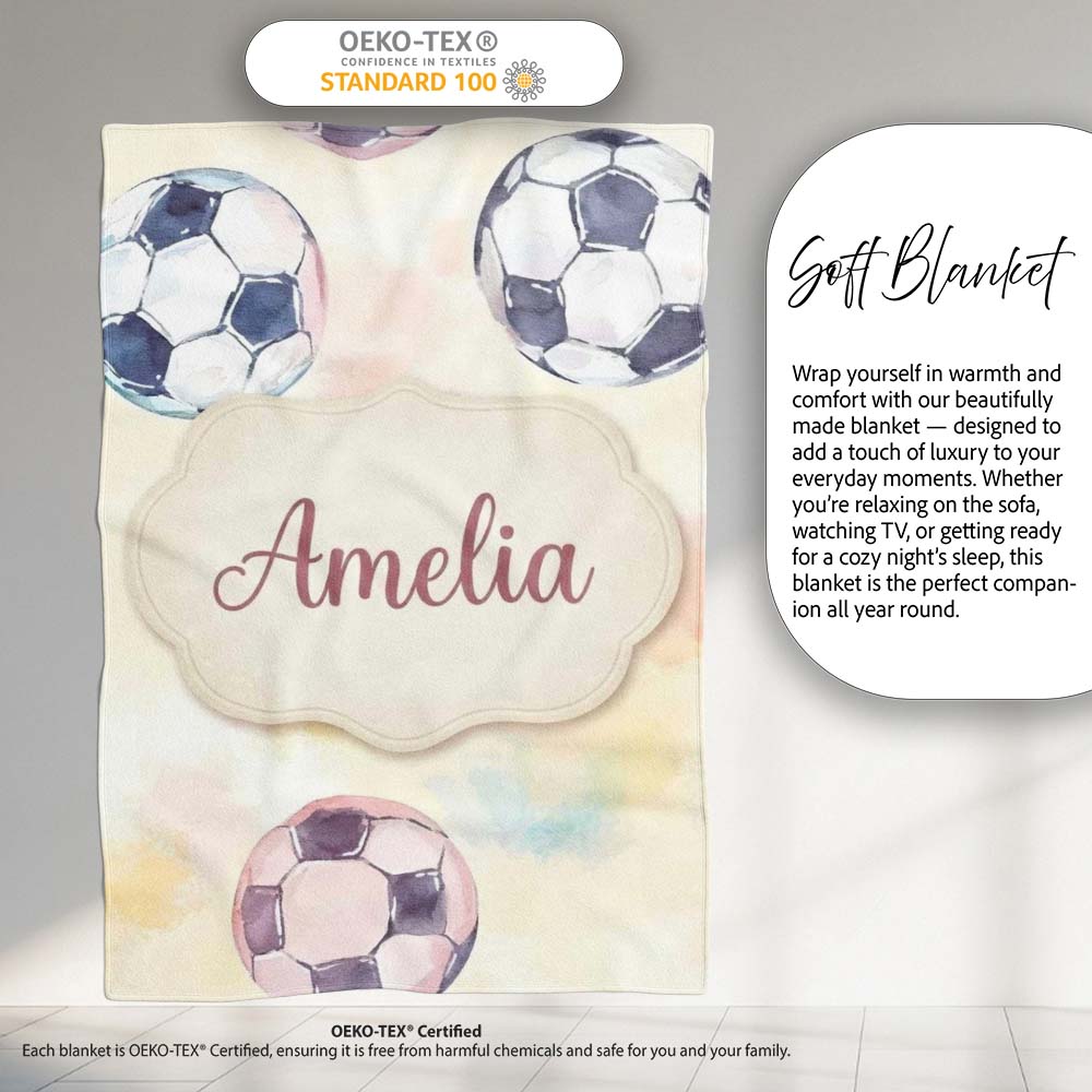 Watercolor Soccer Balls on Soft Pastel Background Seamless Pattern Personalised Custom Name Super Soft Fleece Blanket Bed Sofa Throw