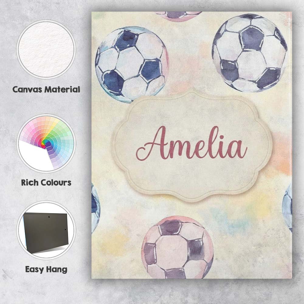 Personalised Name Watercolor Soccer Balls Custom Unique Gift Idea Elegant Feature Canvas Wall Art Print Decor Picture Ready to Hang