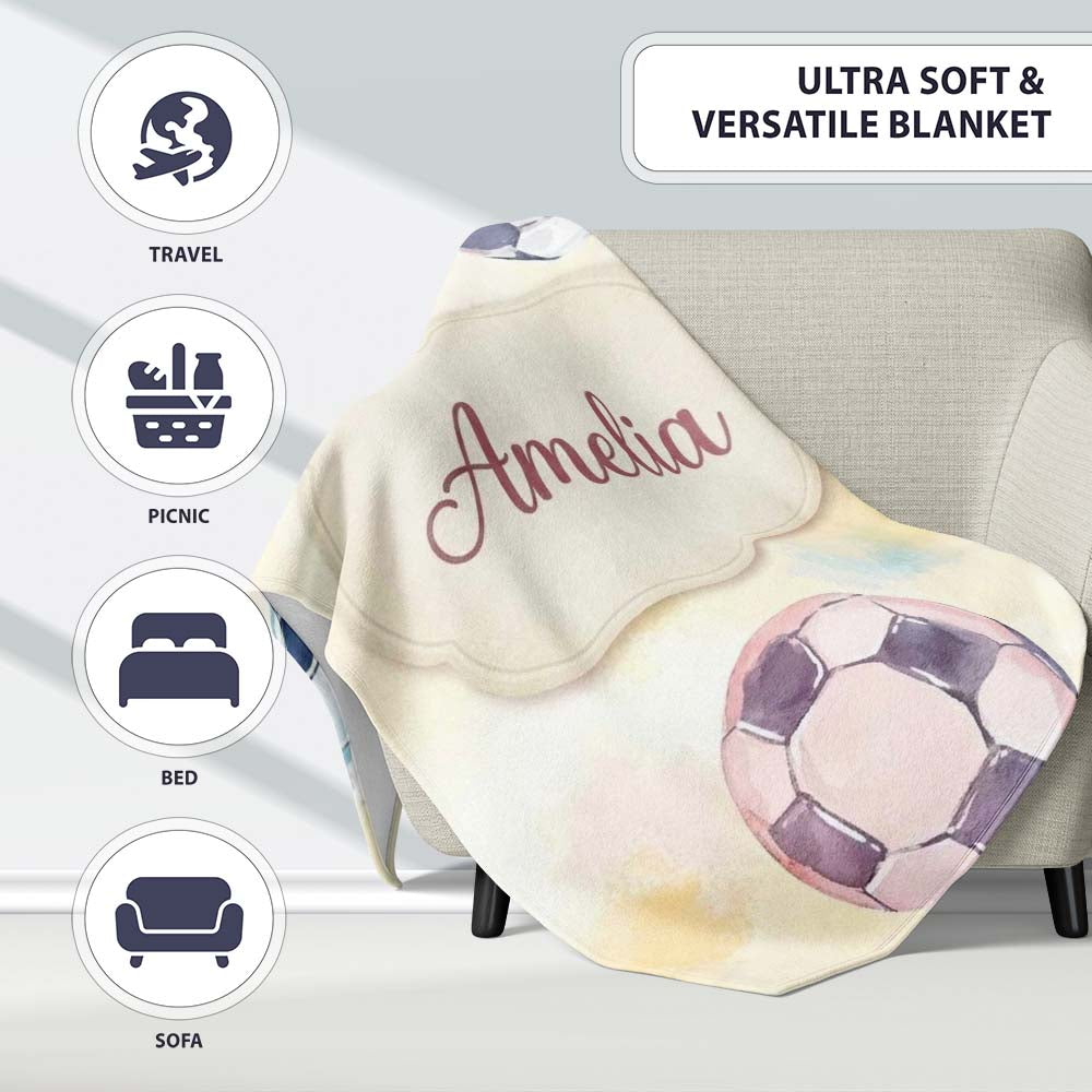 Watercolor Soccer Balls on Soft Pastel Background Seamless Pattern Personalised Custom Name Super Soft Fleece Blanket Bed Sofa Throw