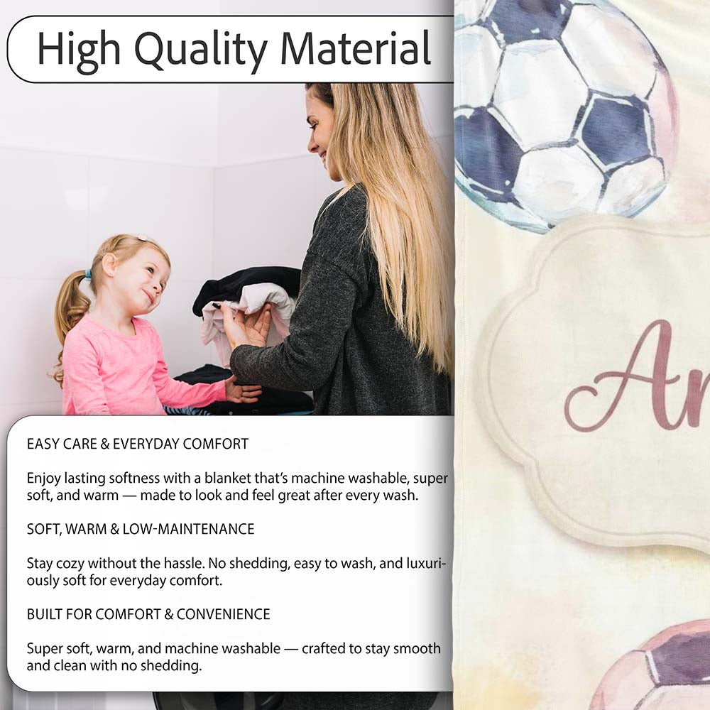 Watercolor Soccer Balls on Soft Pastel Background Seamless Pattern Personalised Custom Name Super Soft Fleece Blanket Bed Sofa Throw
