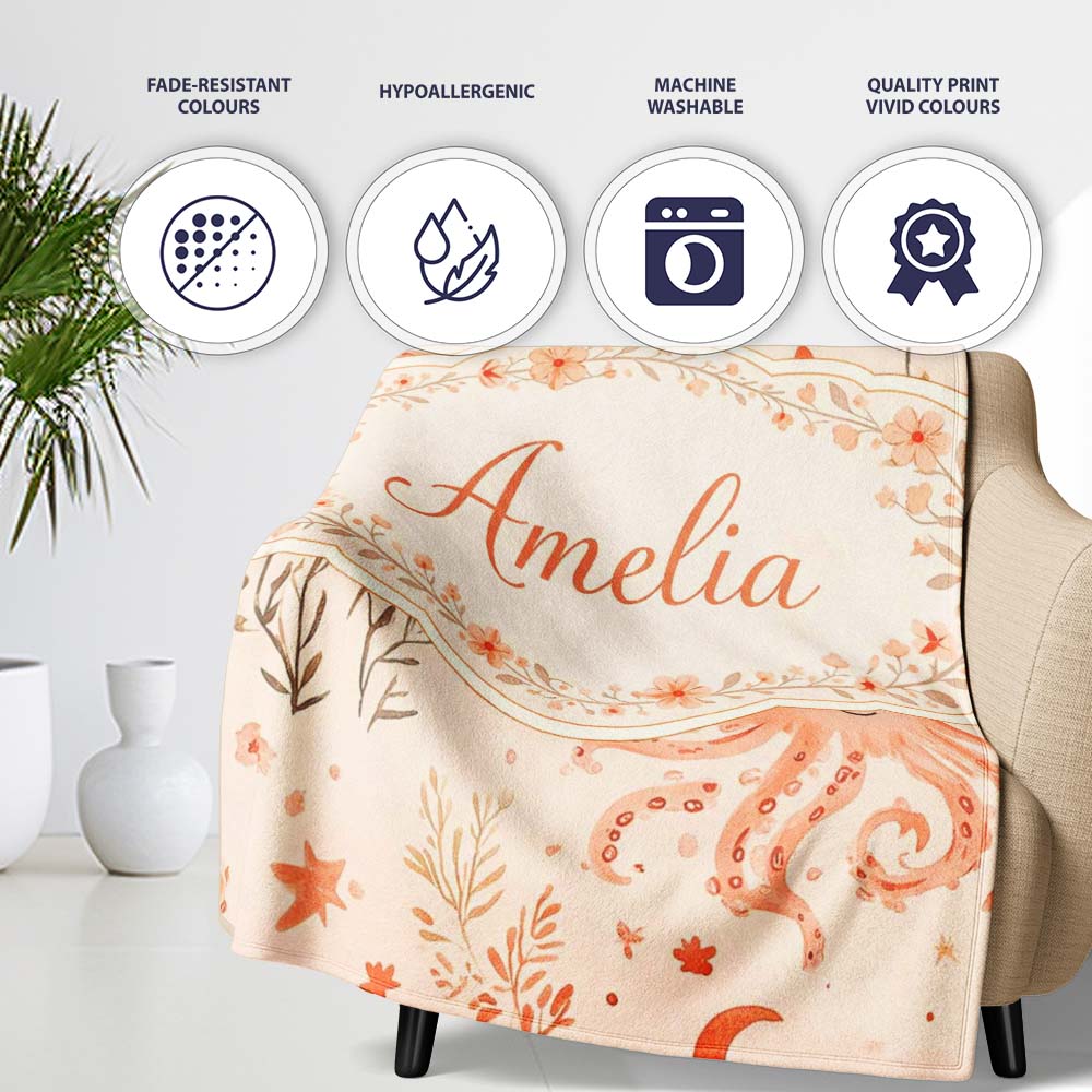 Kawaii Octopus Ocean Seamless Pattern Perfect Gift for Her Lovely Personalised Custom Name Super Soft Fleece Blanket Bed Sofa Throw