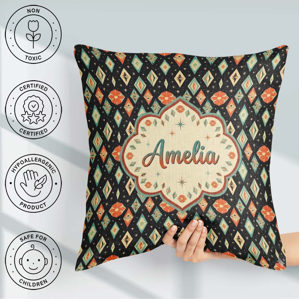 Custom Name Diamond Star Seamless Pattern on Black Beautiful Cup Square Filled Cushion Throw Pillow Sofa Bed Home Decor Zip Washable UK Made