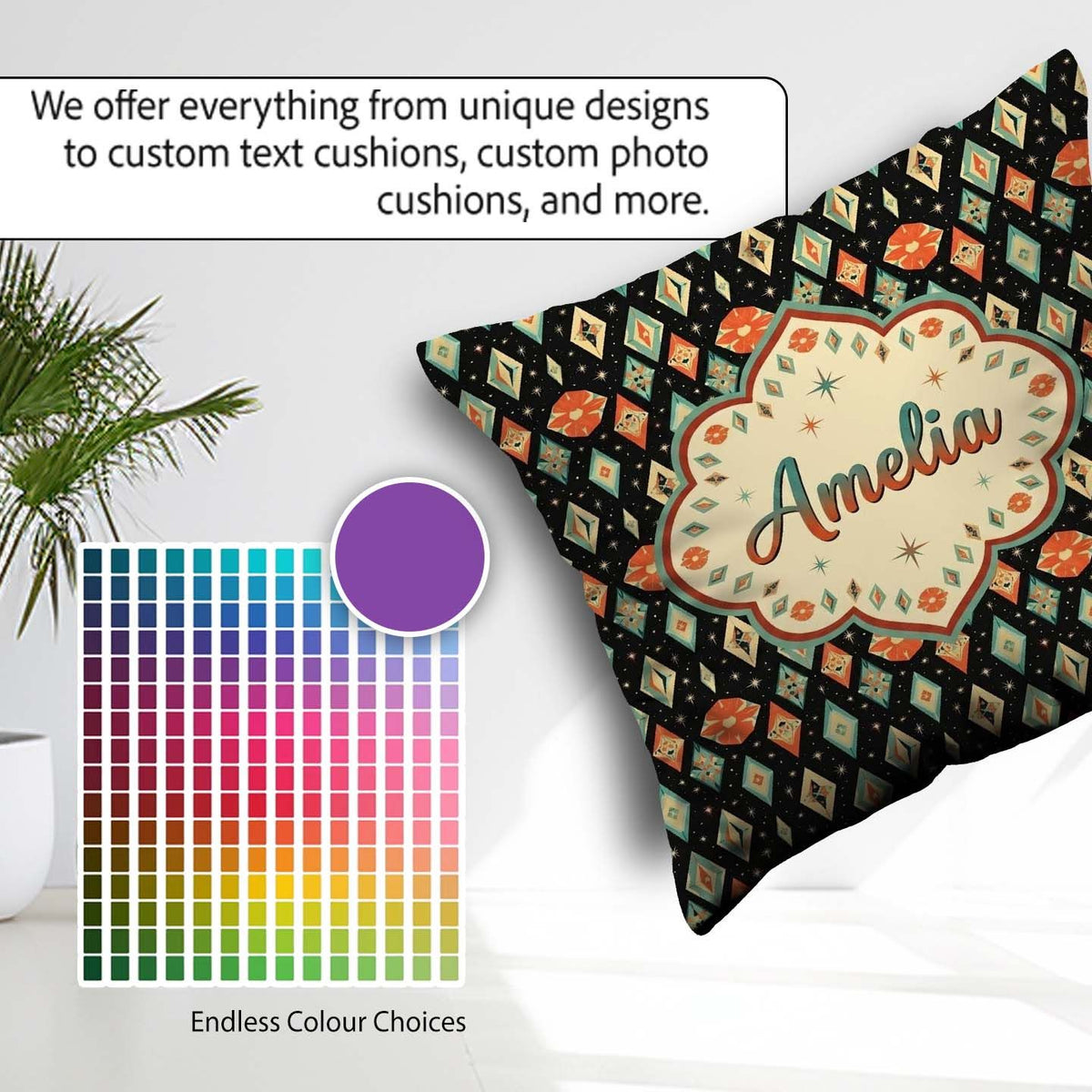 Custom Name Diamond Star Seamless Pattern on Black Beautiful Cup Square Filled Cushion Throw Pillow Sofa Bed Home Decor Zip Washable UK Made