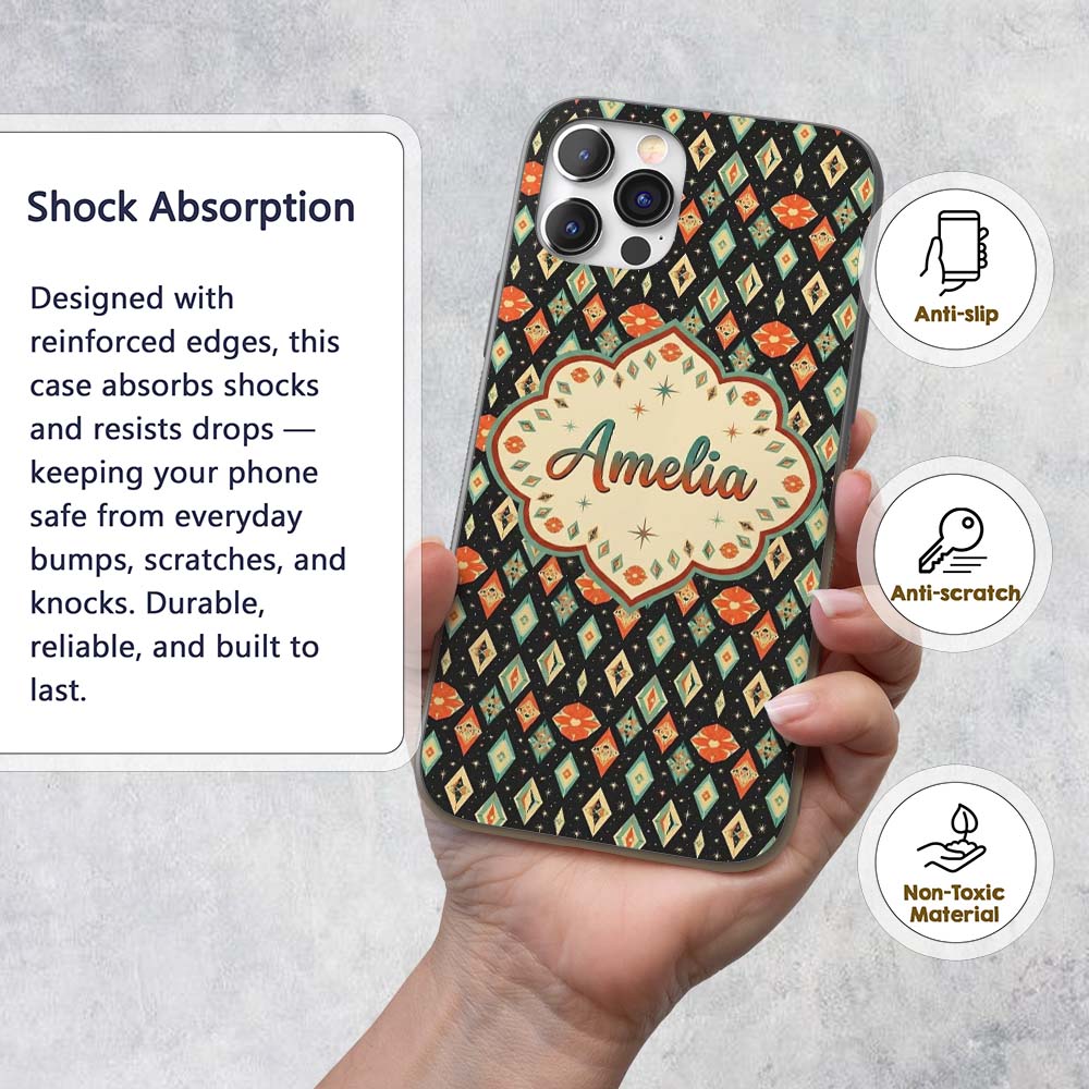 Diamond Star Seamless Pattern on Black Beautiful Custom Name Protective Phone Case Mobile Cover Durable Everyday Smartphone Shock Resistant