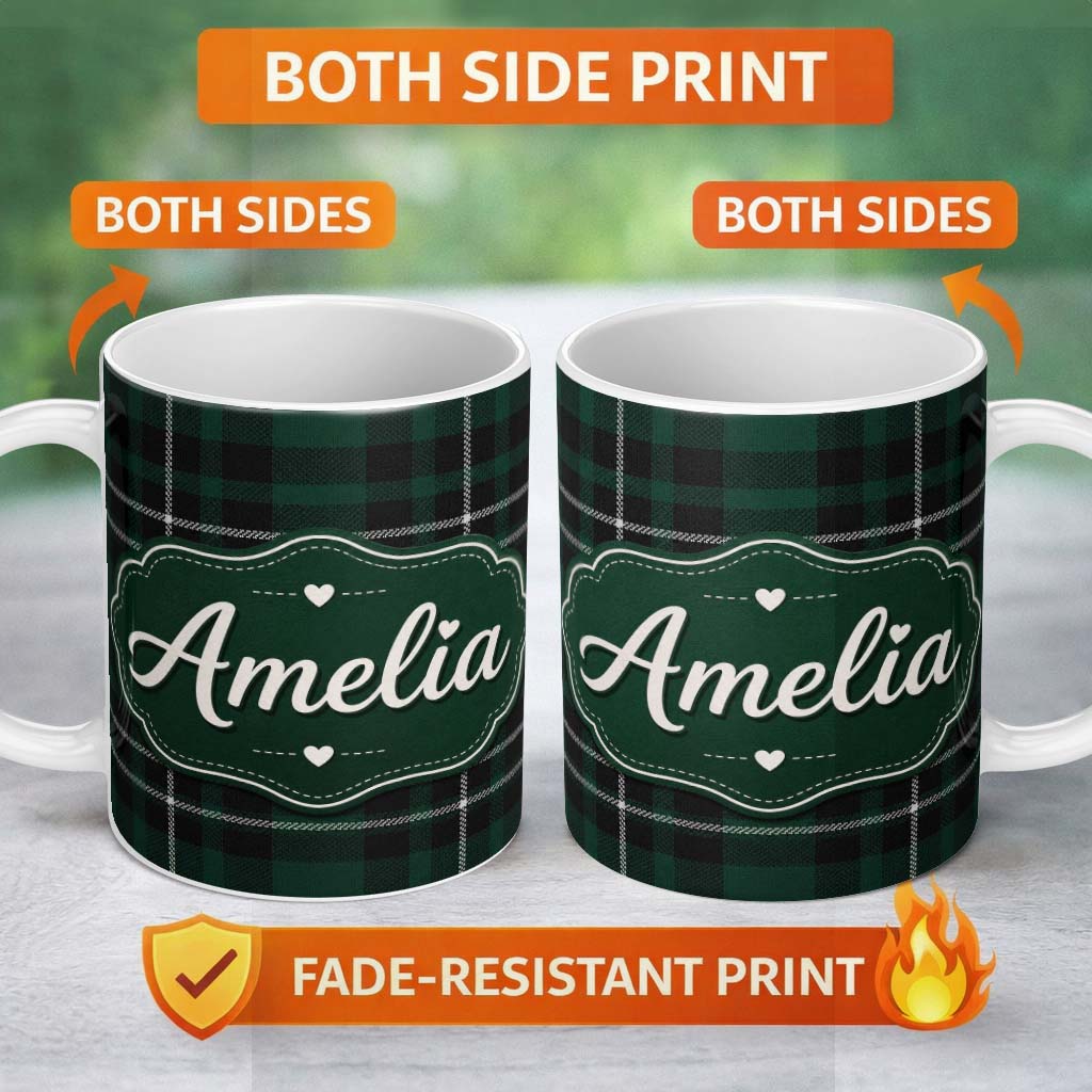 Personalized Custom Name Dark Green Black Classic Tartan Plaid Texture Seamless Pattern Name 11oz Ceramic Coffee Tea Mug White Large Handle