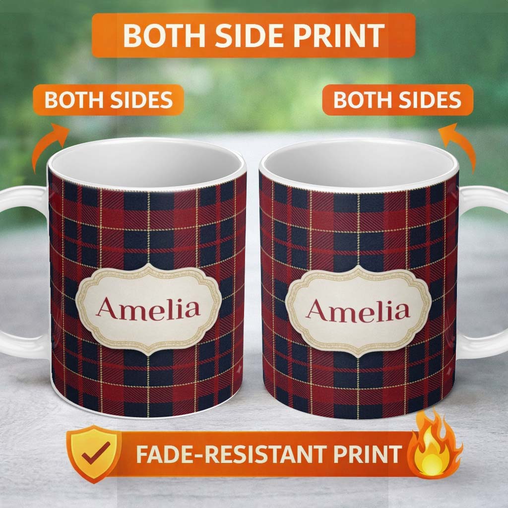 Personalized Custom Name Red Navy Traditional Tartan Plaid Texture Seamless Pattern Name Cute 11oz Ceramic Coffee Tea Mug White Large Handle