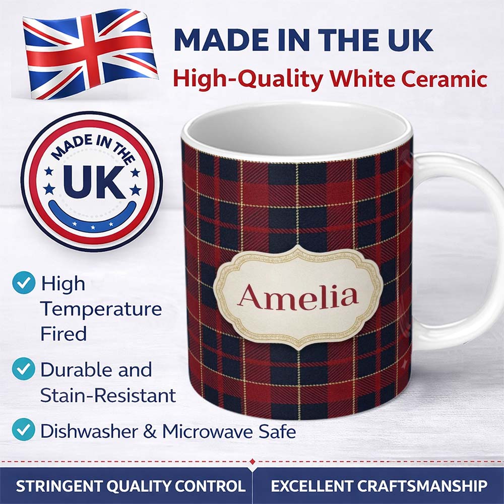 Personalized Custom Name Red Navy Traditional Tartan Plaid Texture Seamless Pattern Name Cute 11oz Ceramic Coffee Tea Mug White Large Handle