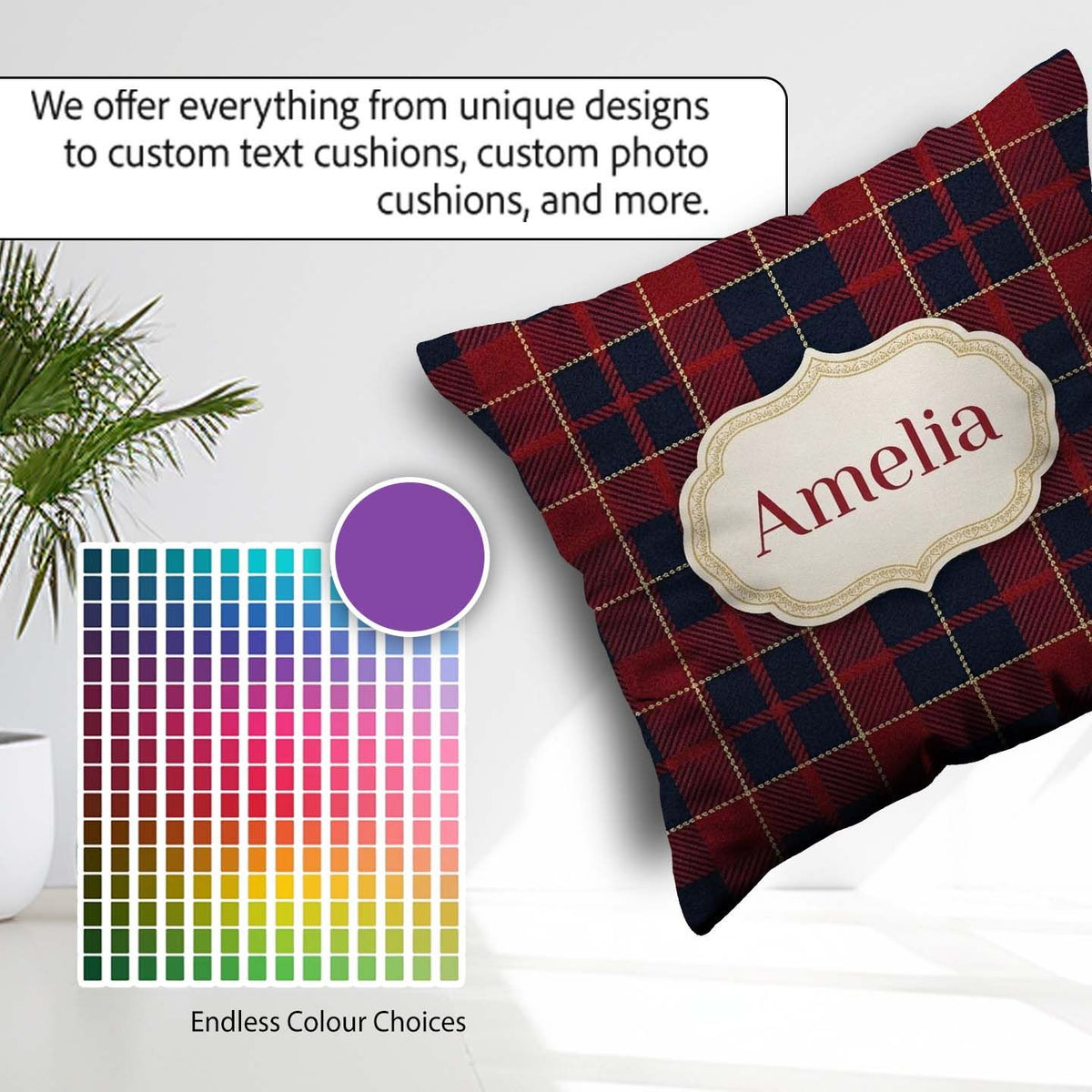 Custom Name Red Navy Tartan Plaid Texture Seamless Pattern Name Square Filled Cushion Throw Pillow Sofa Bed Home Decor Zip Washable UK Made