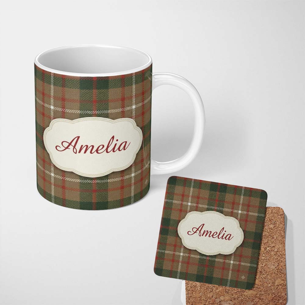 Personalized Custom Name Earthy Brown Green Heritage Tartan Plaid Texture Seamless Pattern 11oz Ceramic Coffee Tea Mug White Large Handle
