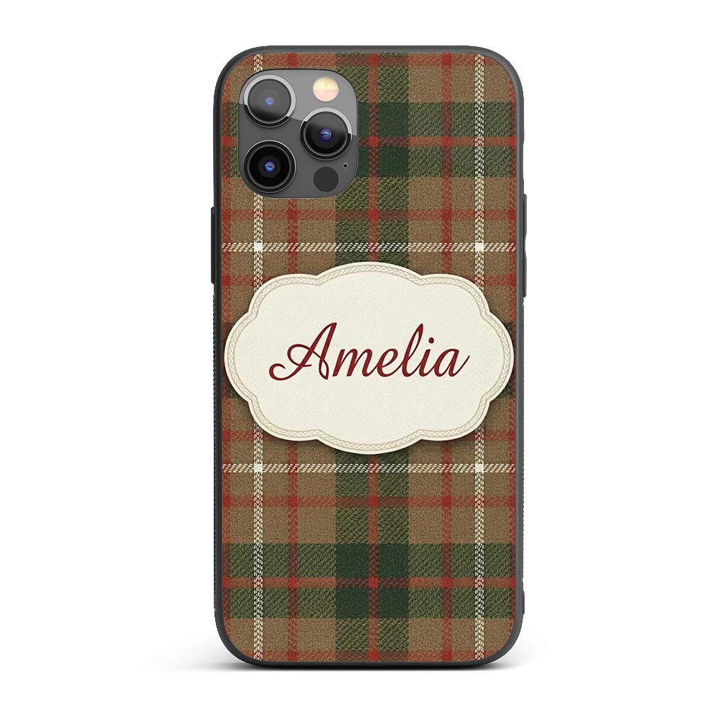 Earthy Brown Green Heritage Tartan Plaid Texture Custom Name Protective Phone Case Mobile Cover Durable Everyday Smartphone Shock Resistant
