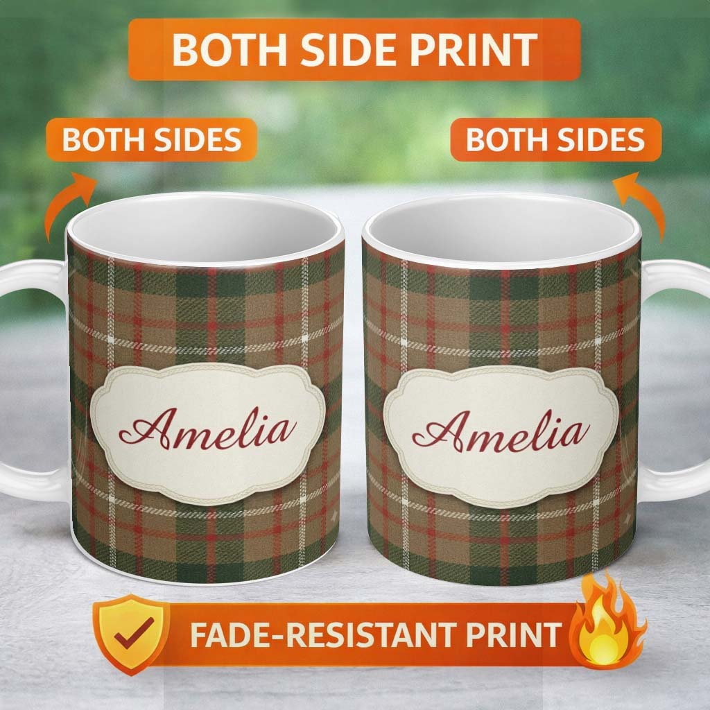 Personalized Custom Name Earthy Brown Green Heritage Tartan Plaid Texture Seamless Pattern 11oz Ceramic Coffee Tea Mug White Large Handle