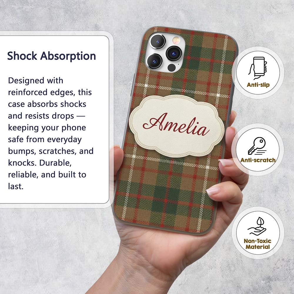 Earthy Brown Green Heritage Tartan Plaid Texture Custom Name Protective Phone Case Mobile Cover Durable Everyday Smartphone Shock Resistant