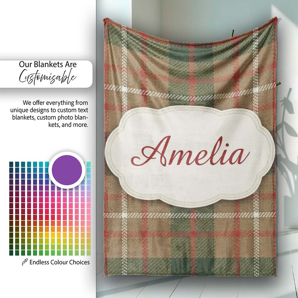 Earthy Brown Green Heritage Tartan Plaid Texture Seamless Pattern Personalised Custom Name Super Soft Fleece Blanket Bed Sofa Throw