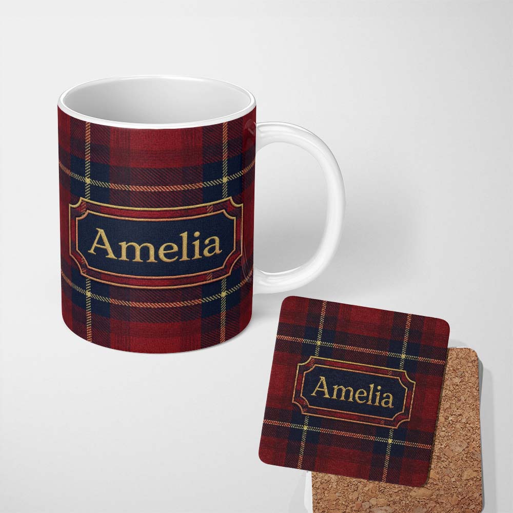 Personalized Custom Name Rich Red Navy Wool Style Tartan Plaid Texture Seamless Pattern Name 11oz Ceramic Coffee Tea Mug White Large Handle