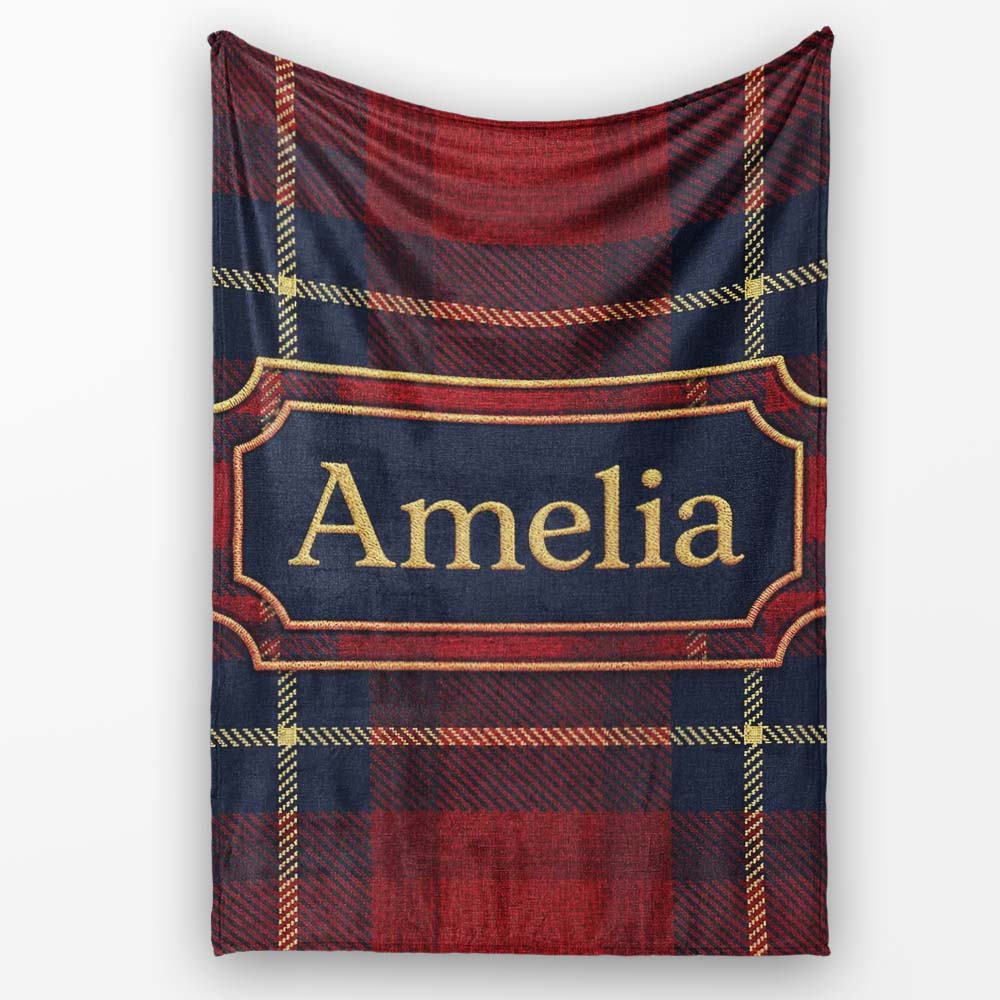 Rich Red Navy Wool Style Tartan Plaid Texture Seamless Pattern Name Personalised Custom Name Super Soft Fleece Blanket Bed Sofa Throw