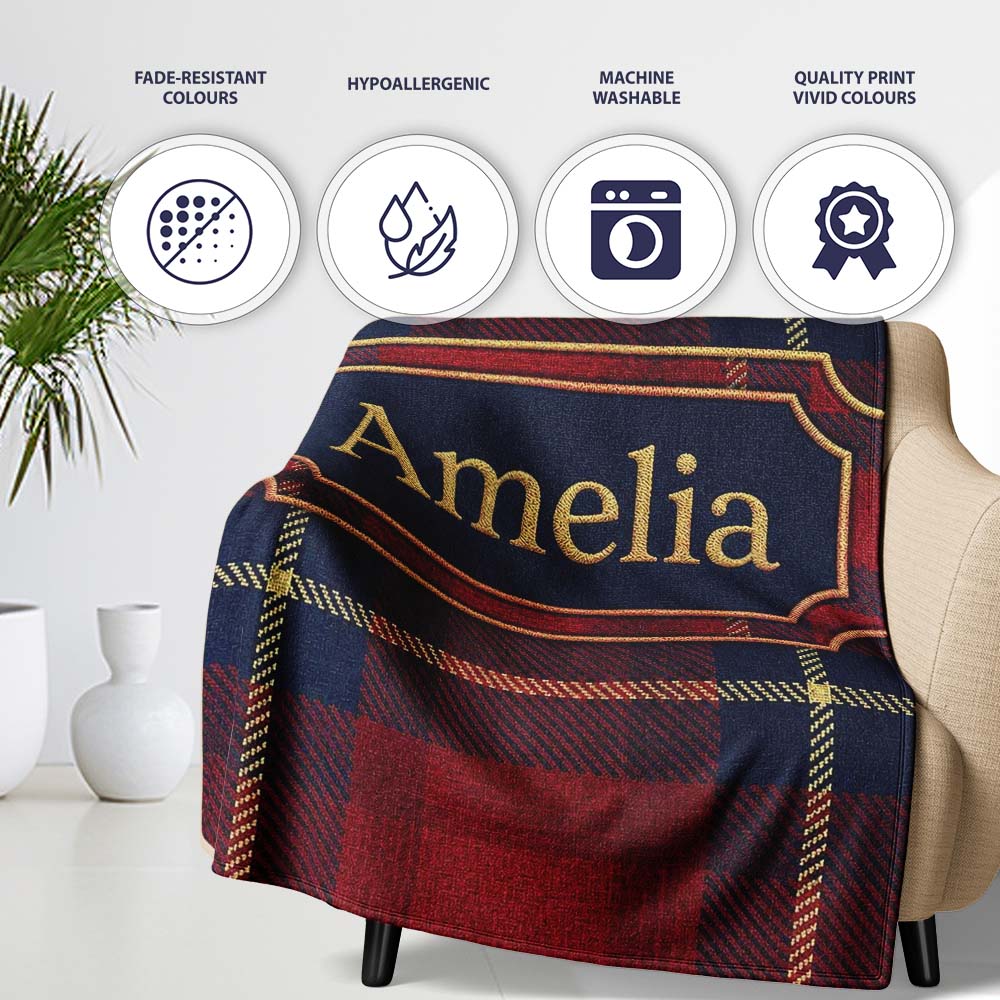 Rich Red Navy Wool Style Tartan Plaid Texture Seamless Pattern Name Personalised Custom Name Super Soft Fleece Blanket Bed Sofa Throw