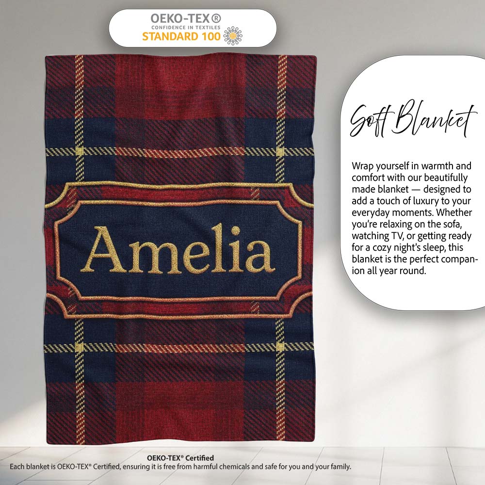 Rich Red Navy Wool Style Tartan Plaid Texture Seamless Pattern Name Personalised Custom Name Super Soft Fleece Blanket Bed Sofa Throw