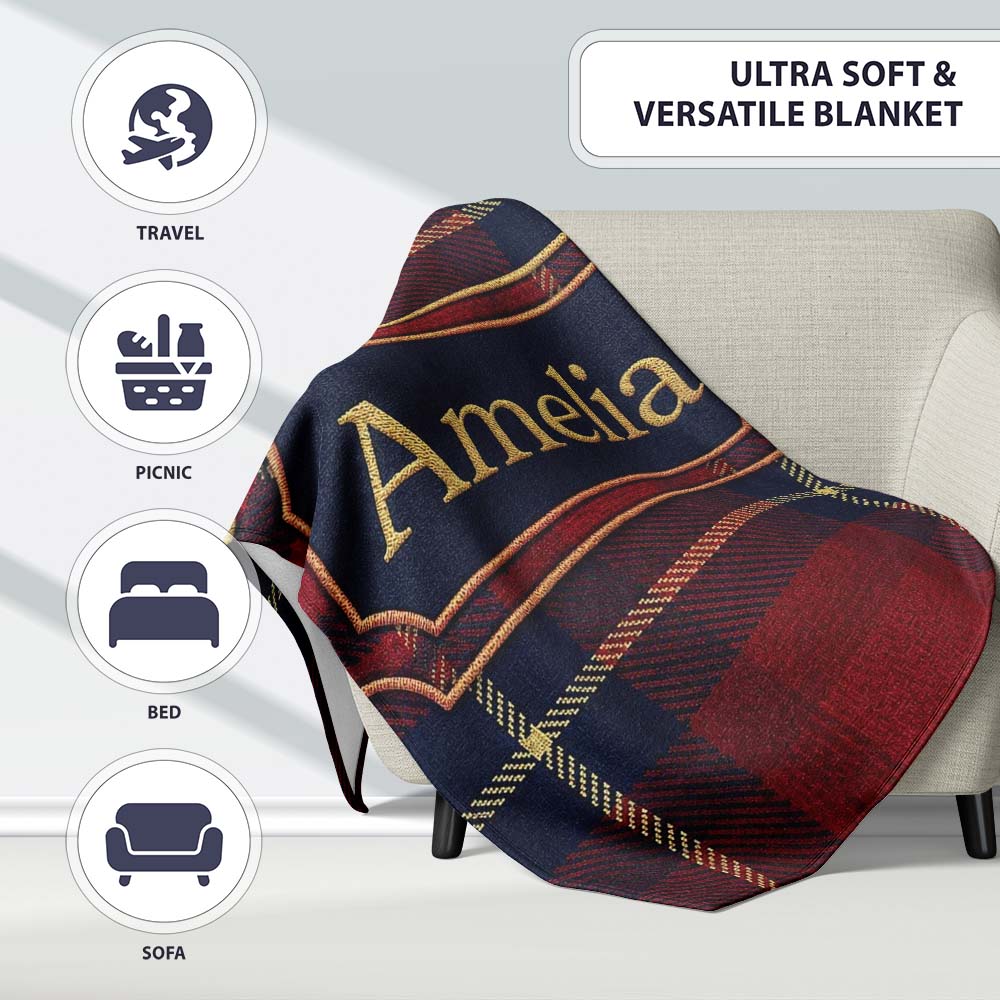 Rich Red Navy Wool Style Tartan Plaid Texture Seamless Pattern Name Personalised Custom Name Super Soft Fleece Blanket Bed Sofa Throw