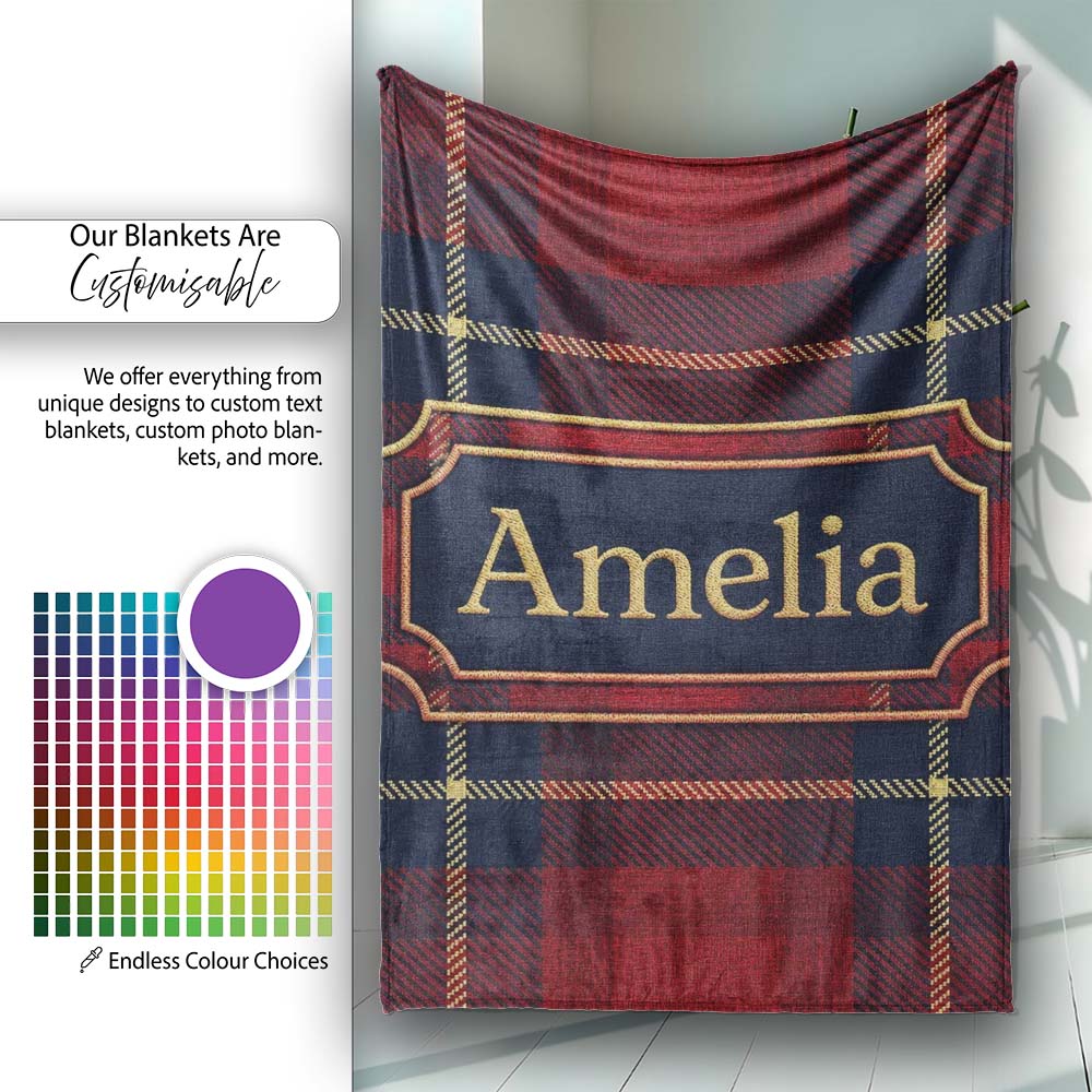 Rich Red Navy Wool Style Tartan Plaid Texture Seamless Pattern Name Personalised Custom Name Super Soft Fleece Blanket Bed Sofa Throw