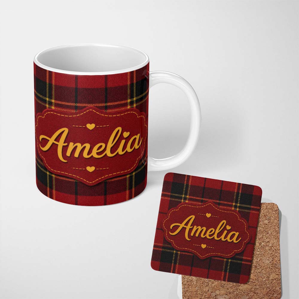 Personalized Custom Name Bold Red Black Classic Tartan Plaid Texture Seamless Pattern Name 11oz Ceramic Coffee Tea Mug White Large Handle
