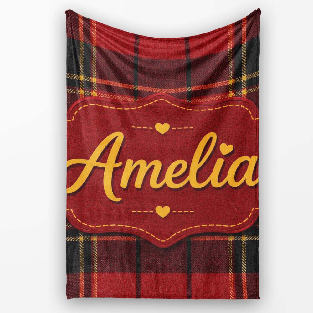 Bold Red Black Classic Tartan Plaid Texture Seamless Pattern Name Personalised Custom Name Super Soft Fleece Blanket Bed Sofa Throw