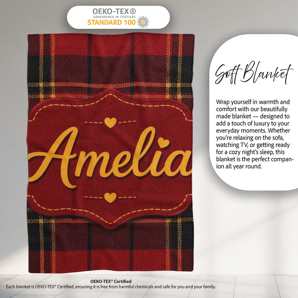 Bold Red Black Classic Tartan Plaid Texture Seamless Pattern Name Personalised Custom Name Super Soft Fleece Blanket Bed Sofa Throw