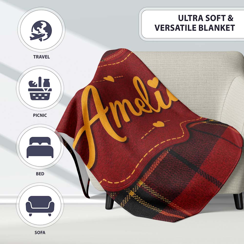 Bold Red Black Classic Tartan Plaid Texture Seamless Pattern Name Personalised Custom Name Super Soft Fleece Blanket Bed Sofa Throw