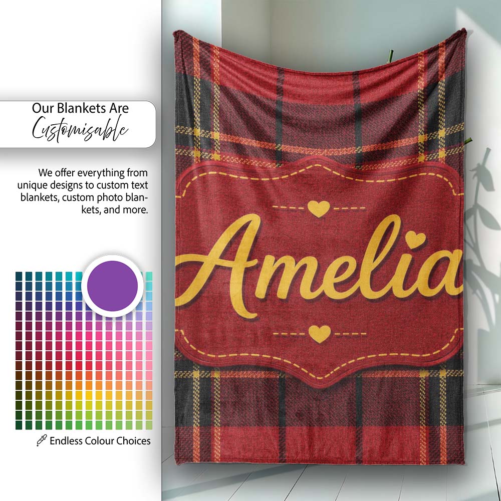 Bold Red Black Classic Tartan Plaid Texture Seamless Pattern Name Personalised Custom Name Super Soft Fleece Blanket Bed Sofa Throw