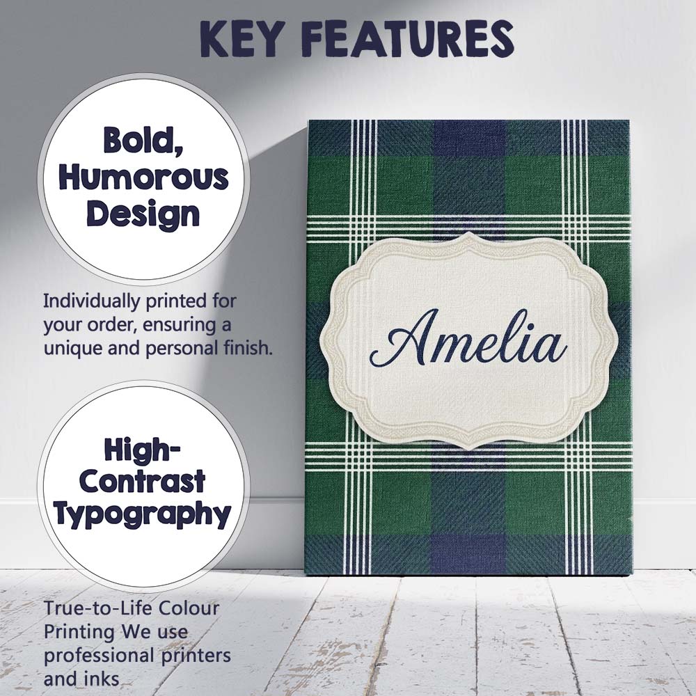 Personalised Name Green Blue Modern Tartan Custom Unique Gift Idea Elegant Feature Canvas Wall Art Print Decor Picture Ready to Hang