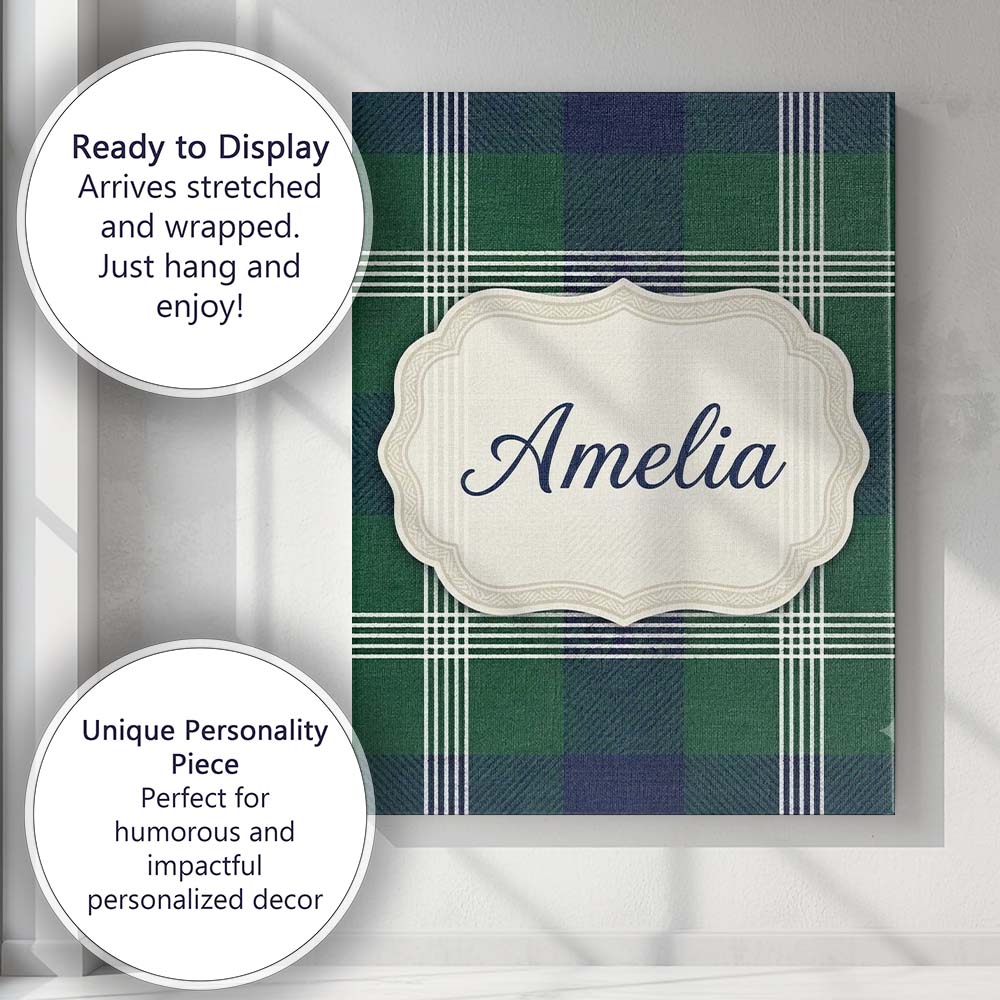 Personalised Name Green Blue Modern Tartan Custom Unique Gift Idea Elegant Feature Canvas Wall Art Print Decor Picture Ready to Hang