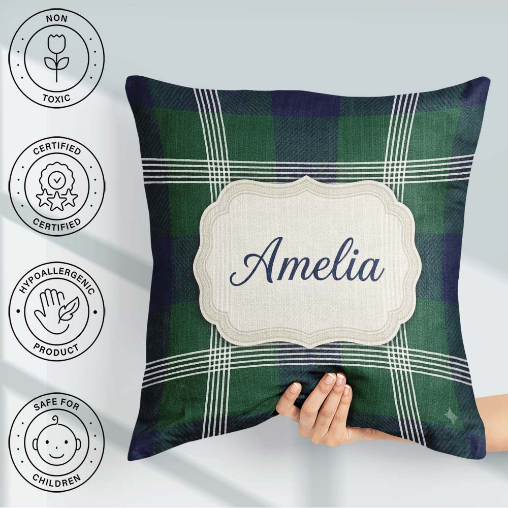 Custom Name Green Blue Modern Tartan Plaid Texture Seamless Name Square Filled Cushion Throw Pillow Sofa Bed Home Decor Zip Washable UK Made