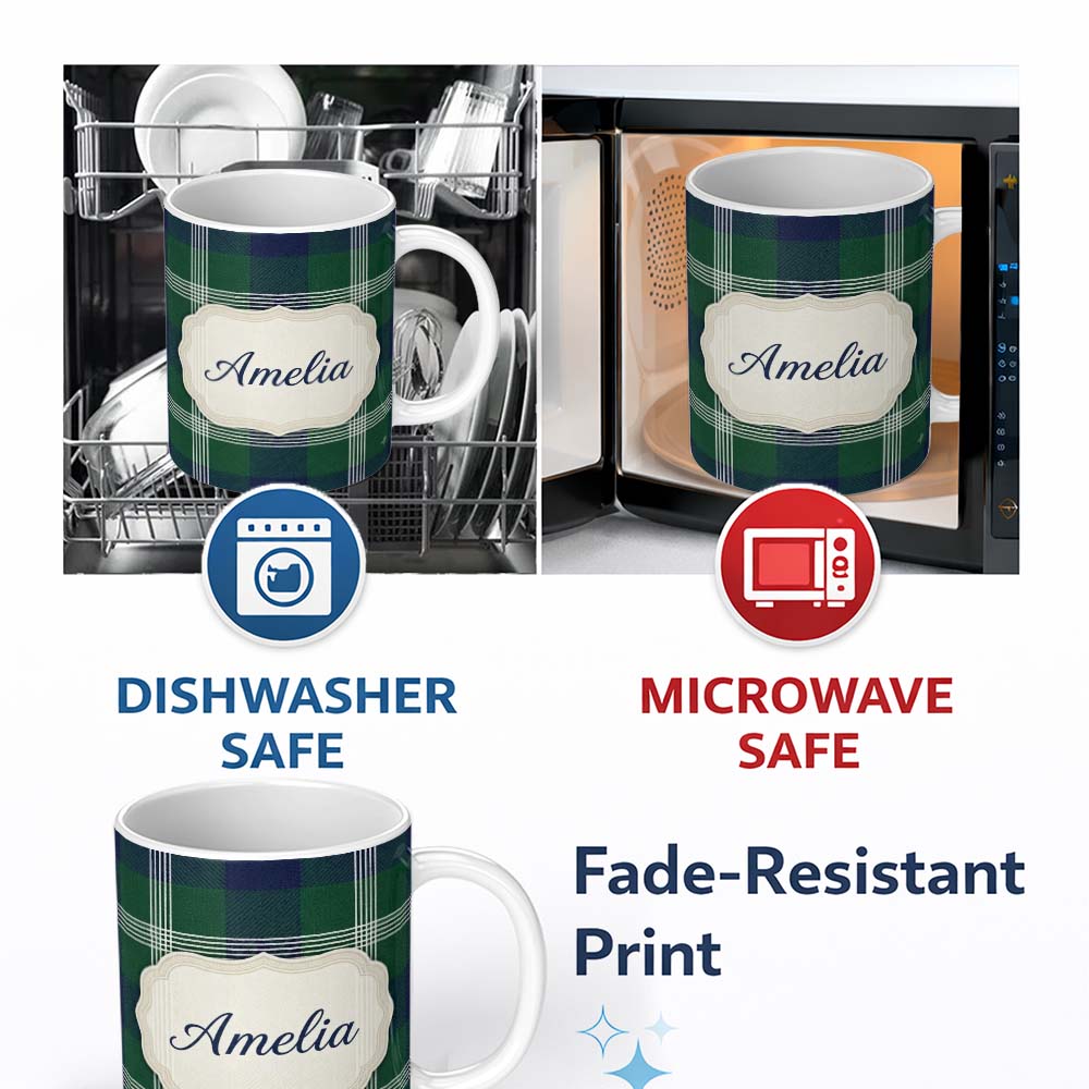 Personalized Custom Name Green Blue Modern Tartan Plaid Texture Seamless Pattern Name Cute 11oz Ceramic Coffee Tea Mug White Large Handle